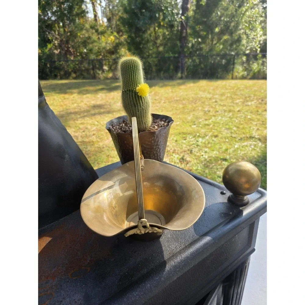 Vintage Brass‎ Flared Basket Bowl w/ Swing Handle & Grapes Mid Century Decor